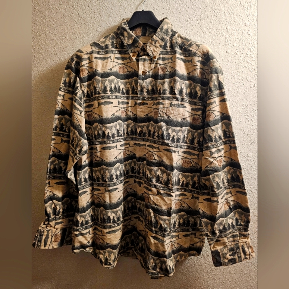 Vintage VTG Woolrich Flannel Shirt Men’s XL  Fishing Long Sleeve Tan Blue